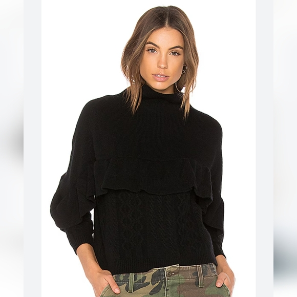 New! 100% merino wool Naadam Mock Neck Navy Ruffle Cable Knit Sweater Size M